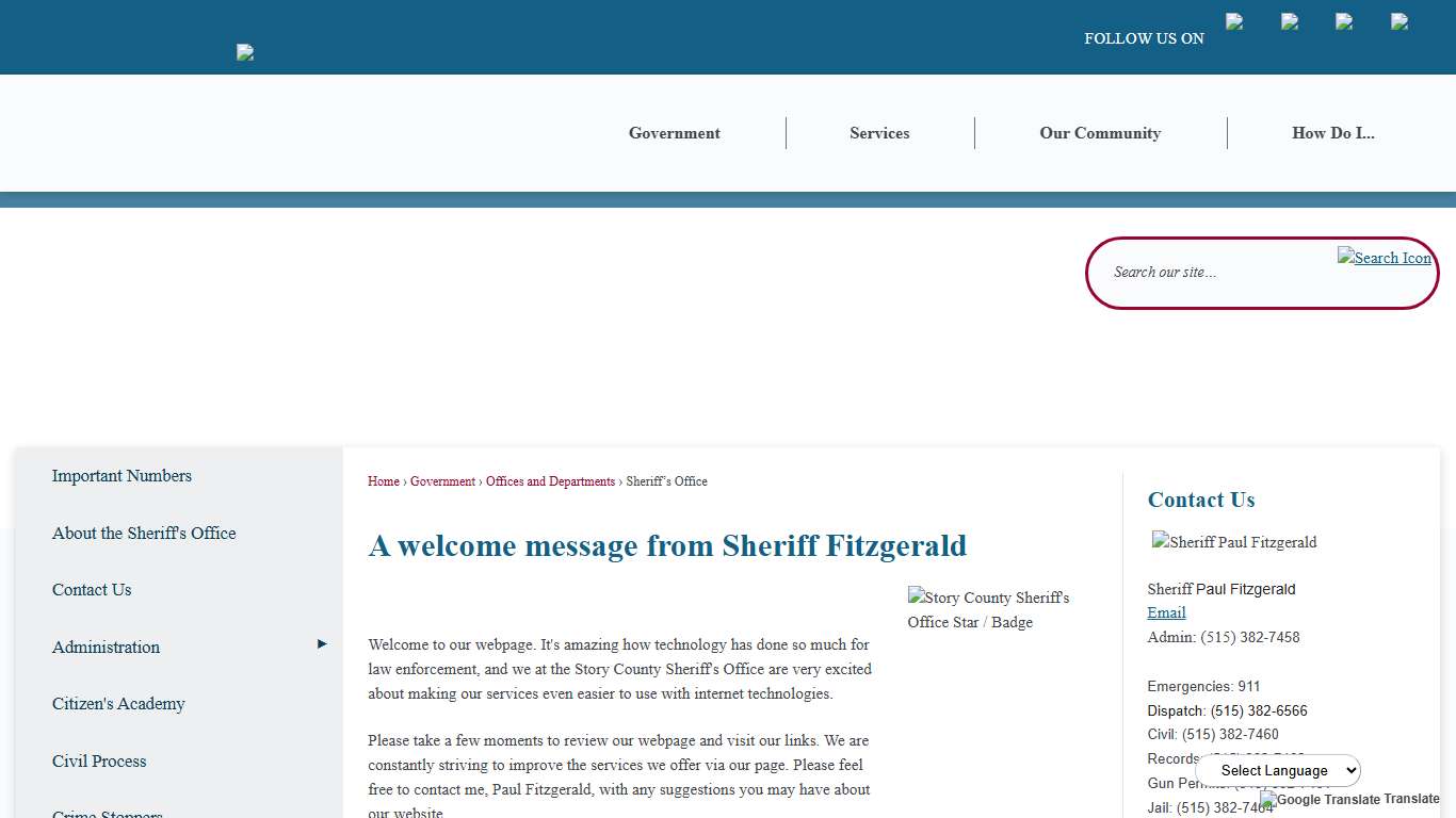 A welcome message from Sheriff Fitzgerald | Story County, IA - Official Website