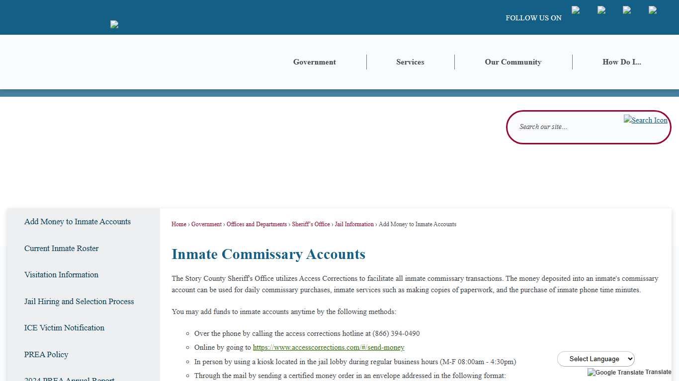 Inmate Commissary Accounts | Story County, IA - Official Website